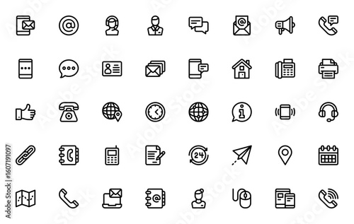 Contact us icon set. Minimal vector icons pack. Includes smartphone, email, chat, telephone, customer service, map, calendar, worldwide and more. Editable stroke design.