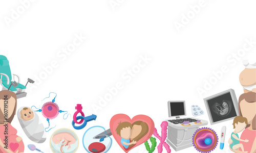 Cartoon style banner showing pregnancy process, from fertilization to birth, including medical tools and happy mothers with children