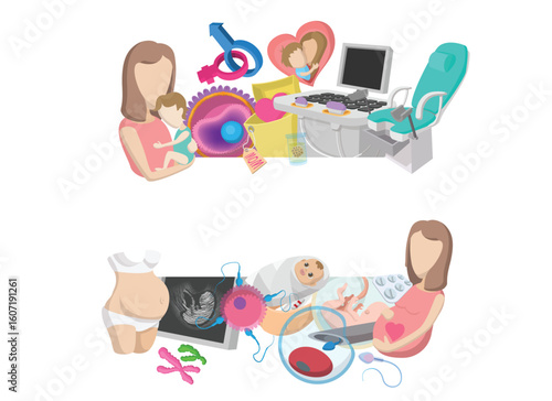 Medical set of pregnancy and childbirth, mother holding baby, ultrasound machine, fertilization process and pregnant woman