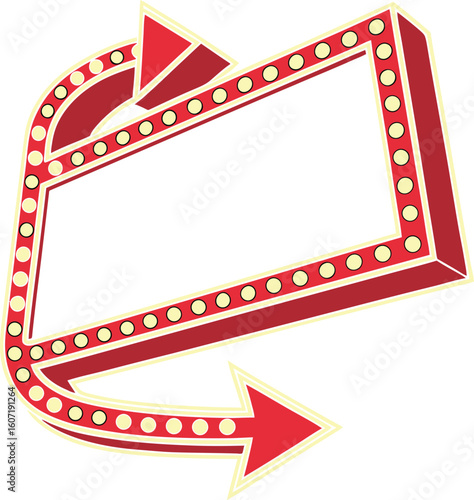 Retro marquee sign with red arrow and blinking lights