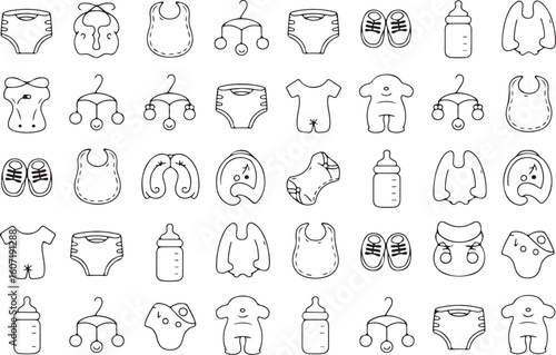 Baby clothing and accessories sketch black and white