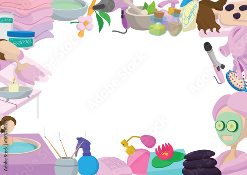 Cartoon style spa and beauty treatment icons creating a frame, offering a relaxing atmosphere for wellness and pampering