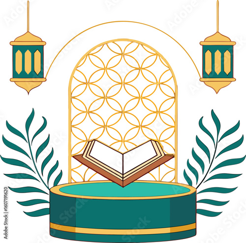 Islamic holy book on a decorative platform with lanterns and leaves