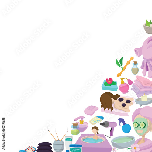 Cartoon style spa banner showcasing various beauty treatments and products, ideal for promoting wellness and relaxation