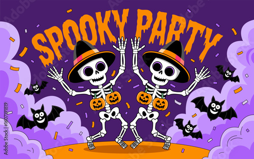 Spooky party banner. Happy Halloween greeting card. Halloween Promotion Poster. Halloween night Invitation. Spooky flyer template. Halloween card design with dancing skeleton celebrating October 31st.