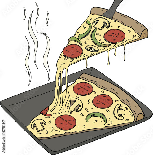 Delicious pepperoni and mushroom pizza slice being lifted