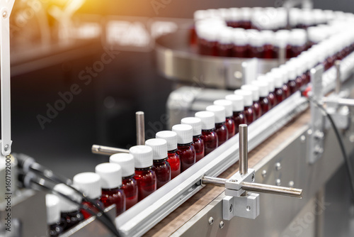Sterile bottles on the production line conveyor of the pharmaceutical industry. Machine for liquid drugs glassware bottling.