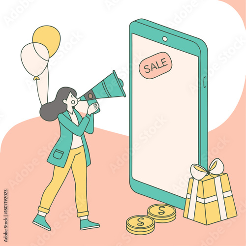Woman with megaphone announces sale on giant smartphone with balloons and gifts