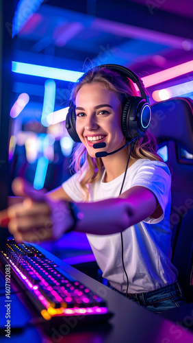 Play to earn: Excited young woman livestreaming her play to earn gameplay, fully immersed in virtual world