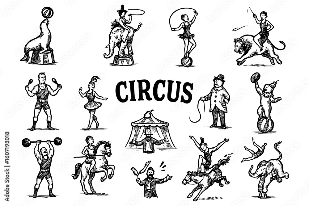 Naklejka premium Vintage circus performers and animals in engraving style, Transparent Background