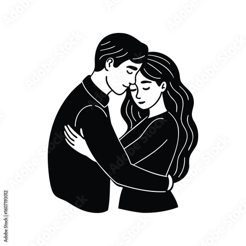 Vector illustration of a loving couple embracing in a black and white graphic