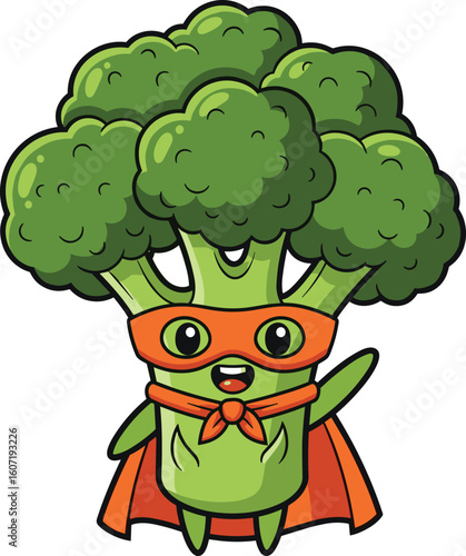 Cute broccoli superhero cartoon character with mask and cape, healthy vegetable mascot illustration, cad drawing, flat vector illustration, kids nutrition design.