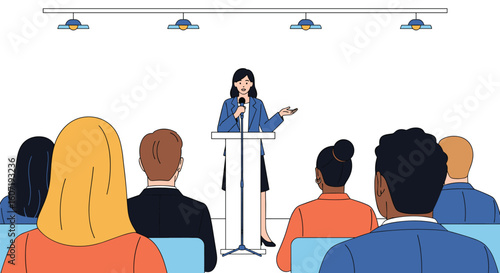 Professional speaker delivers engaging presentation to diverse audience in modern conference hall