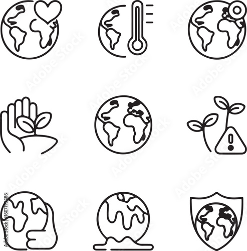 Collection of black and white line art icons depicting environmental issues including climate change global warming conservation and protection of the earth suitable for educational