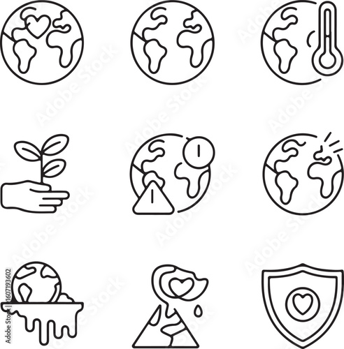 Set of linear icons related to climate change global warming environmental protection and sustainability showcasing various aspects of environmental issues and solutions in a minimalist