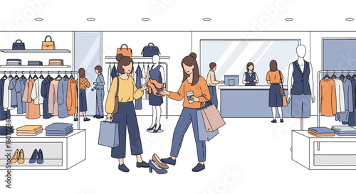 Excited shoppers discover latest fashion trends in brightly lit modern clothing boutique with friendly staff assisting