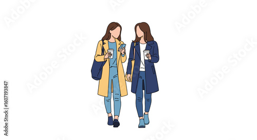 Two stylish young women wearing fashionable coats and holding coffee cups walk together outdoors enjoying a pleasant day