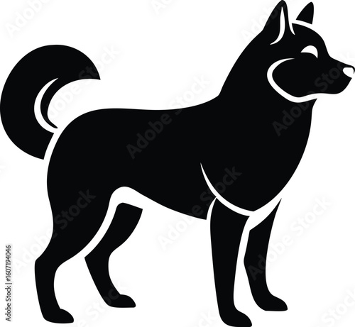 Alaskan Malamute silhouette with curled tail, erect ears, and powerful frame in proud stance