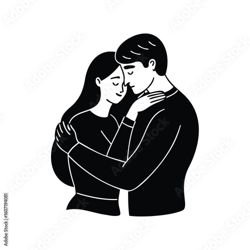 Black and white vector illustration of a loving couple embracing each other