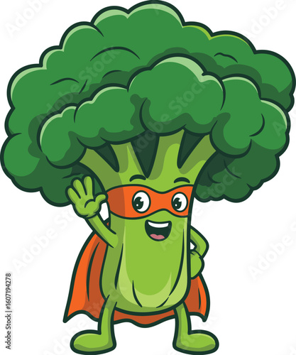 Cartoon broccoli superhero character waving hand, wearing red cape and mask, healthy vegetable mascot illustration, cad drawing flat vector illustration design