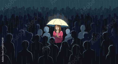 A lone person finding solace under an umbrella amidst a dense crowd during a stormy downpour