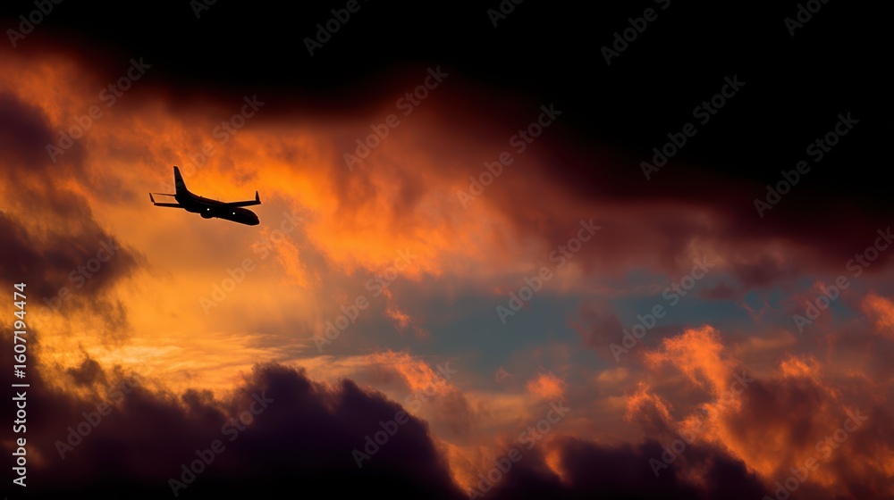 Naklejka premium Dramatic Silhouette of a Jet Against a Vibrant Sunset Sky