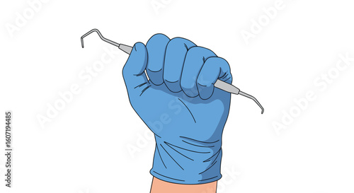 Dentist hand wearing blue glove holding dental explorer tool ready for examination