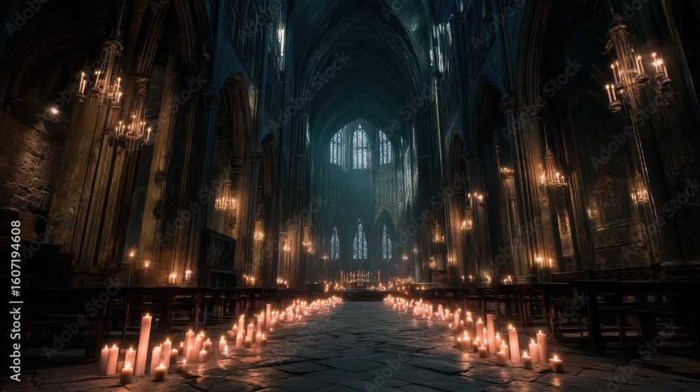 Fototapeta premium Soft Candlelight Illuminates Dark Cathedral Interior in Serenity