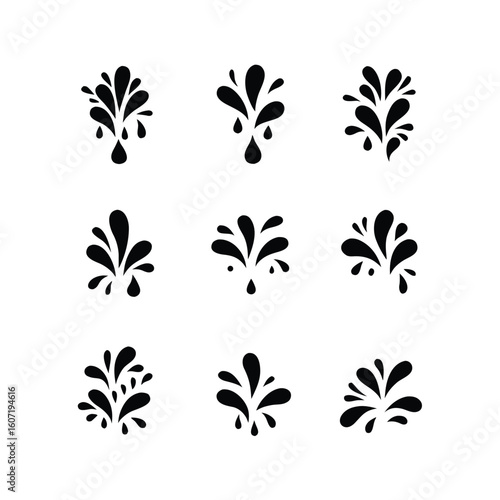 Nine Black Splashes Isolated on White Background water liquid