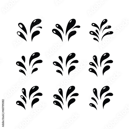 Nine Black Water Splashes Isolated on White Background liquid drop 1