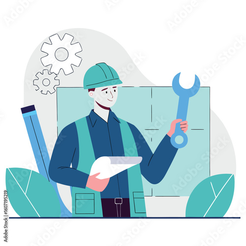 Skilled engineer with blueprint and wrench ready for construction and mechanical projects