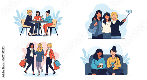 Four diverse groups of women enjoying different social activities together throughout their day