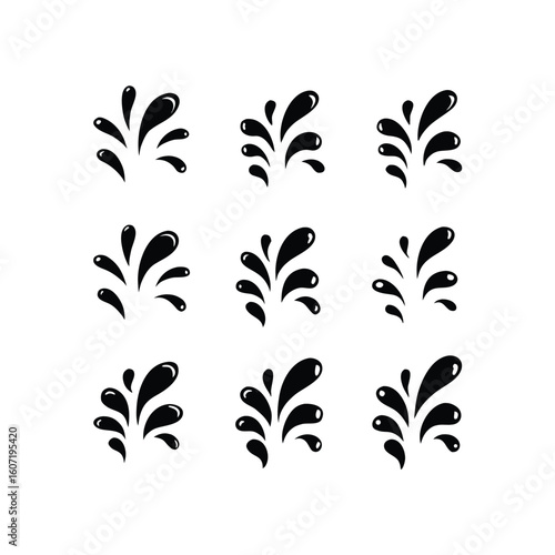 Nine Black Water Splashes on White Background liquid drop