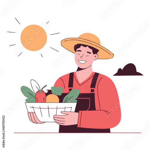 Joyful farmer wearing a straw hat carries a basket full of freshly harvested vegetables and fruits under a sunny sky