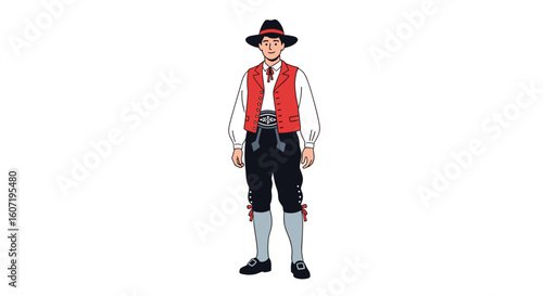 Traditional bavarian man wearing lederhosen and hat in festive folk costume for oktoberfest celebration