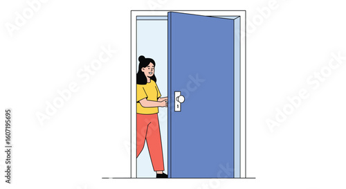 A young woman opens a blue door stepping into a new opportunity with excitement and anticipation