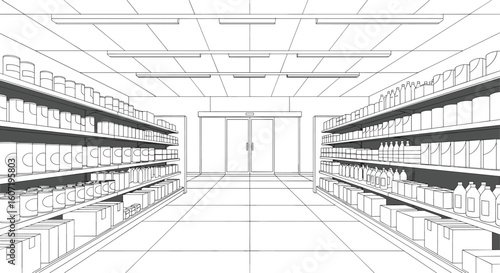 A high angle view of a clean and organized retail store interior with brightly lit aisles and shelves stocked with products creating a vast shopping environment
