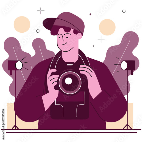A stylized illustration of a photographer wearing a cap and holding a camera with studio lighting and abstract shapes in the background