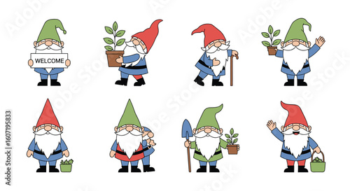 Charming collection of garden gnomes engaging in various activities with plants and tools