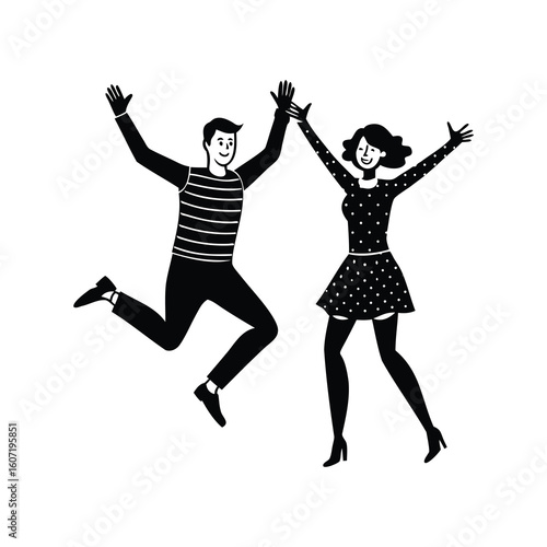 Joyful Retro Couple Jumping with Excitement and Celebrating Success Together Vector