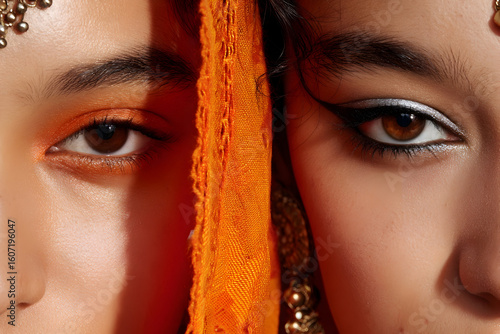 Dramatic duality of contrasting eye makeup showcasing vibrant orange and sleek black looks during a beauty photoshoot