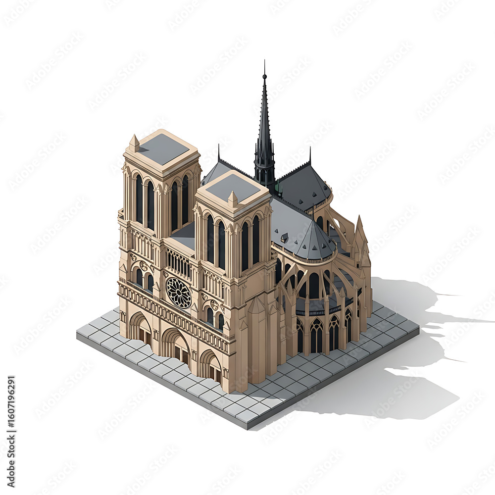 Obraz premium Isometric illustration of the iconic Notre Dame Cathedral in Paris, showcasing its detailed Gothic architecture and twin towers.