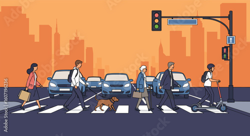 Urban cityscape pedestrian crossing scene with diverse people and traffic flow during golden hour