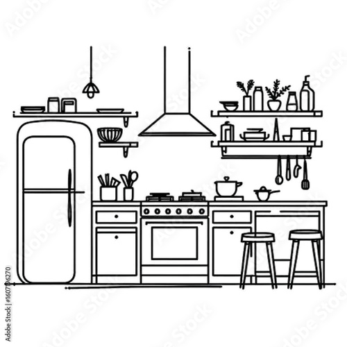 Modern kitchen design illustration with line art showcasing cooking utensils and decor