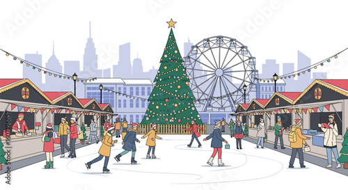 Festive winter holiday market scene with ice skating and ferris wheel in a cityscape