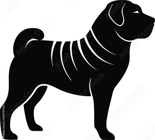 Chinese Shar Pei silhouette with wrinkled body, curled tail, and broad muzzle in sturdy side profile