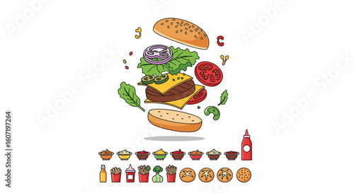 Delicious burger ingredients floating mid air ready to assemble a perfect meal experience