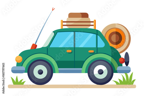 Cute cartoon blue car with luggage on the roof, traveling through a scenic green landscape with hills, clouds, and a clear blue sky. Perfect for travel, vacation, holiday, or road trip-themed illustra