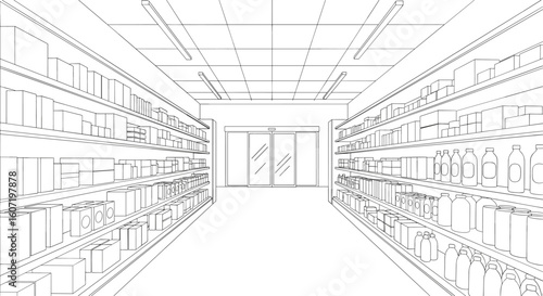 Illustrative architectural sketch of a retail store interior with shelving and display window