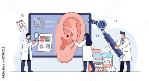 Medical professionals examining a large ear model with diagnostic tools for hearing health assessment and treatment